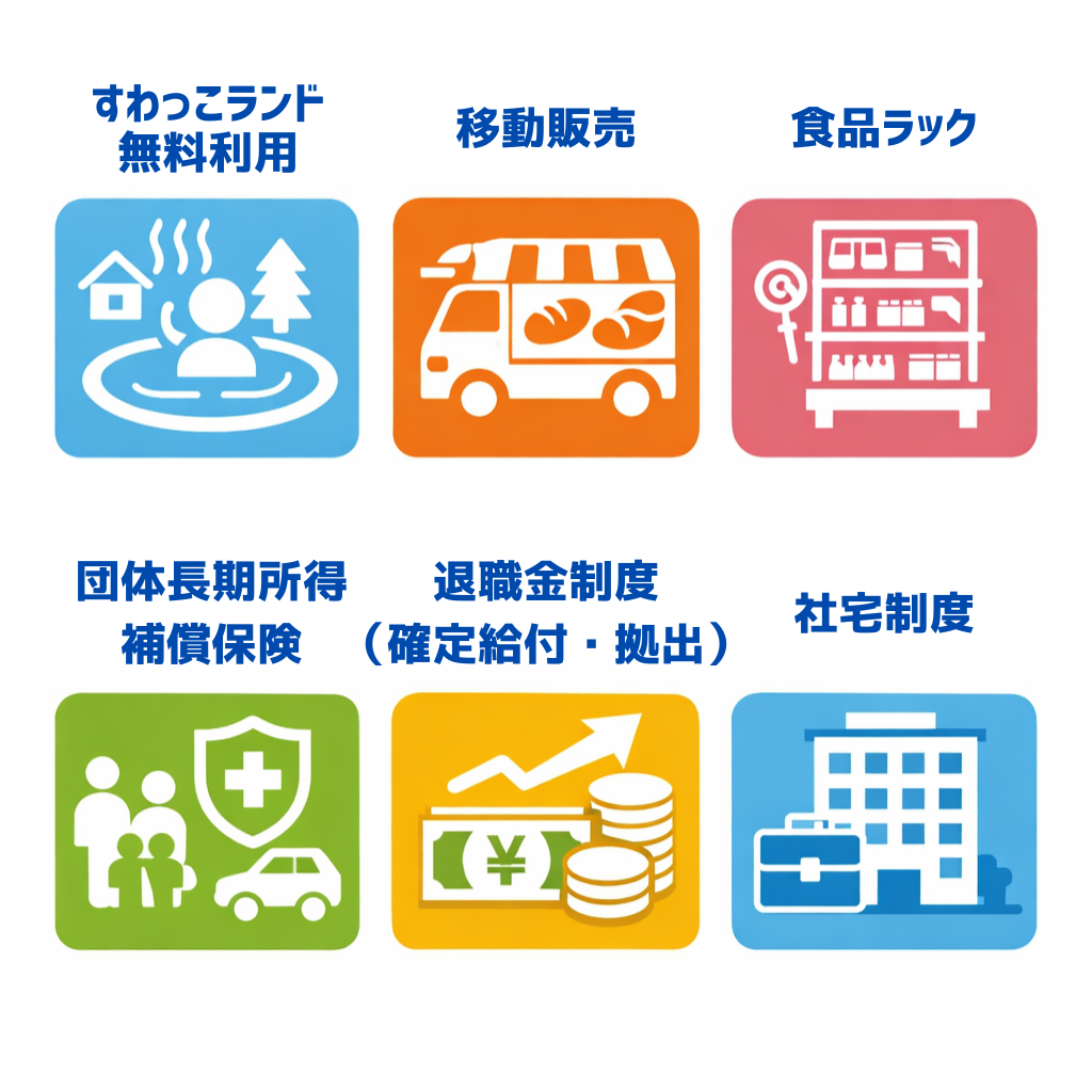 福利厚生（すわっこランド無料利用、移動販売、食品ラック、団体長期所得補償、退職金制度、社宅制度）